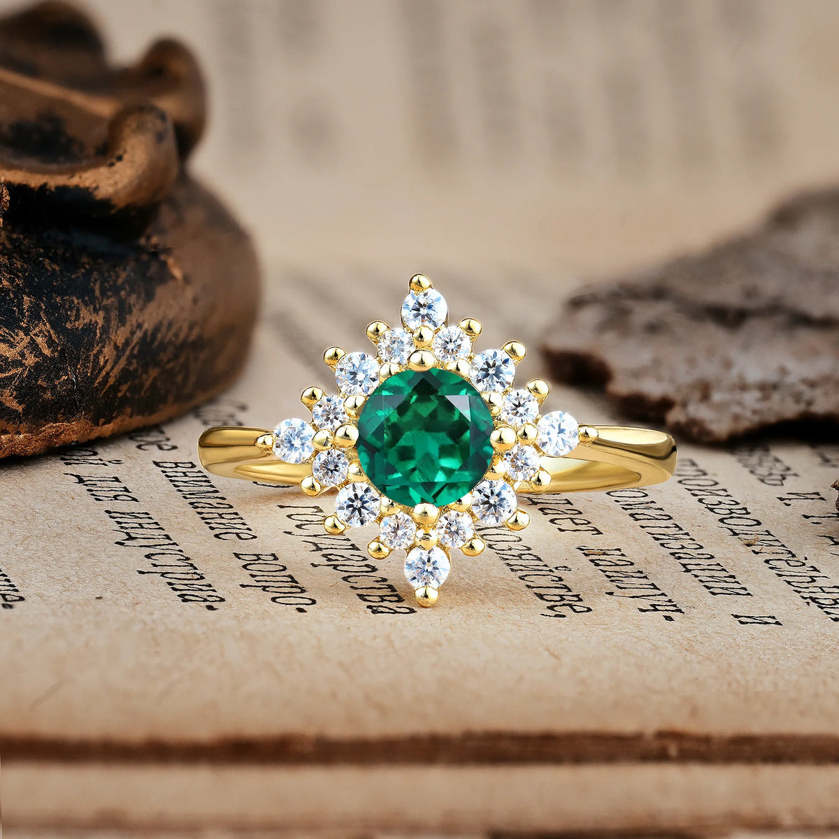 Distinctive 4 Prong Round Cut Emerald Engagement Ring