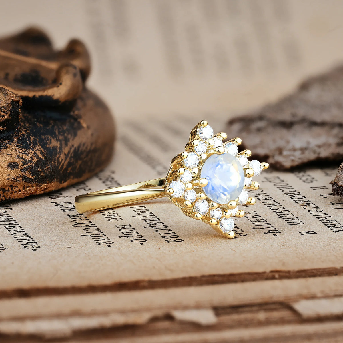 Distinctive 4 Prong Round Cut Moonstone Engagement Ring