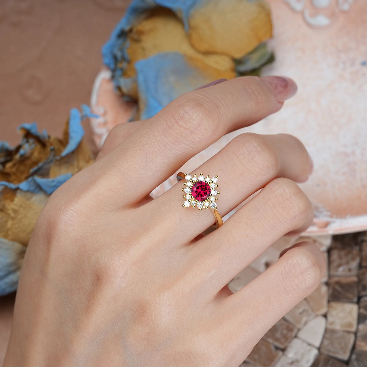 Round Cut Ruby Distinctive 4 Prong Engagement Ring