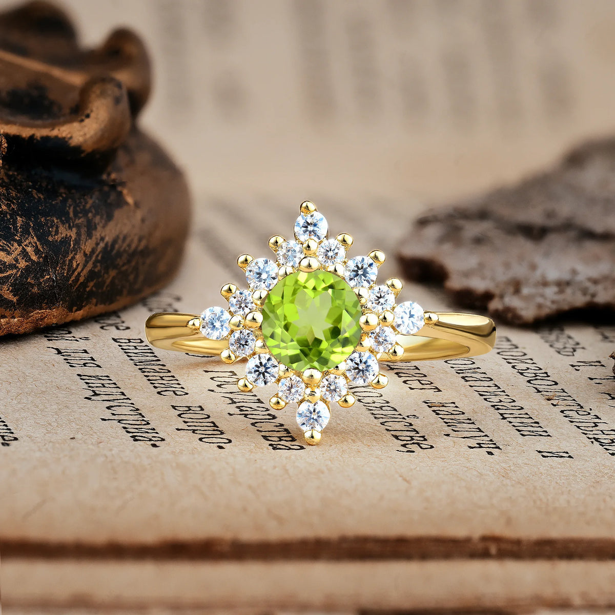 Distinctive 4 Prong Round Cut Peridot Engagement Ring