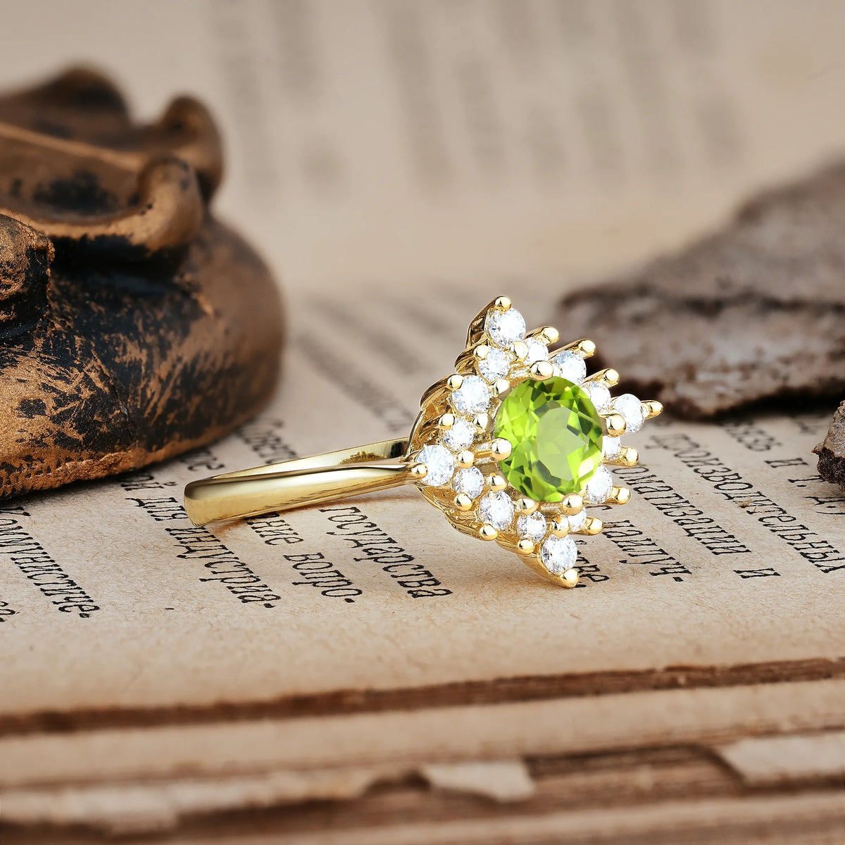 Distinctive 4 Prong Round Cut Peridot Engagement Ring