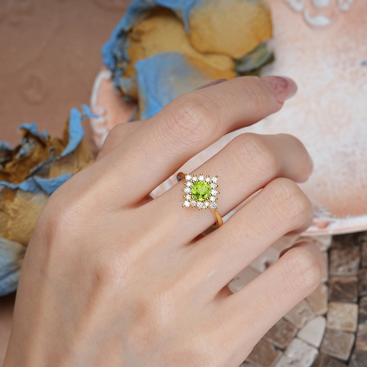 Round Cut Peridot Distinctive 4 Prong Engagement Ring
