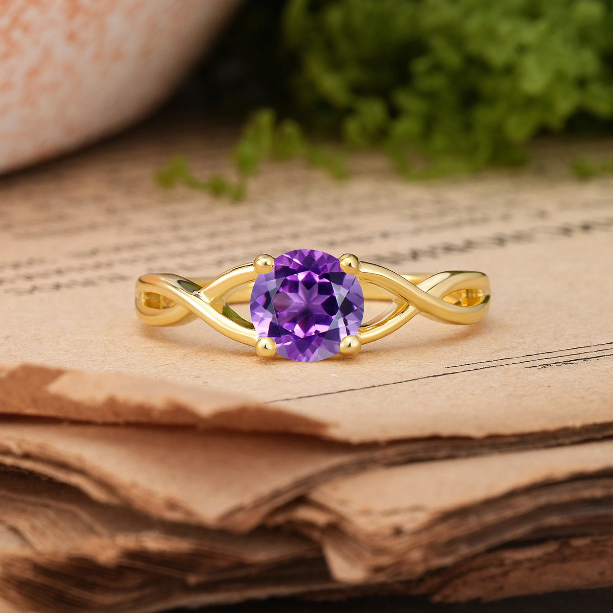 Round Cut Amethyst Classic Twisted 4-Prong Engagement Ring