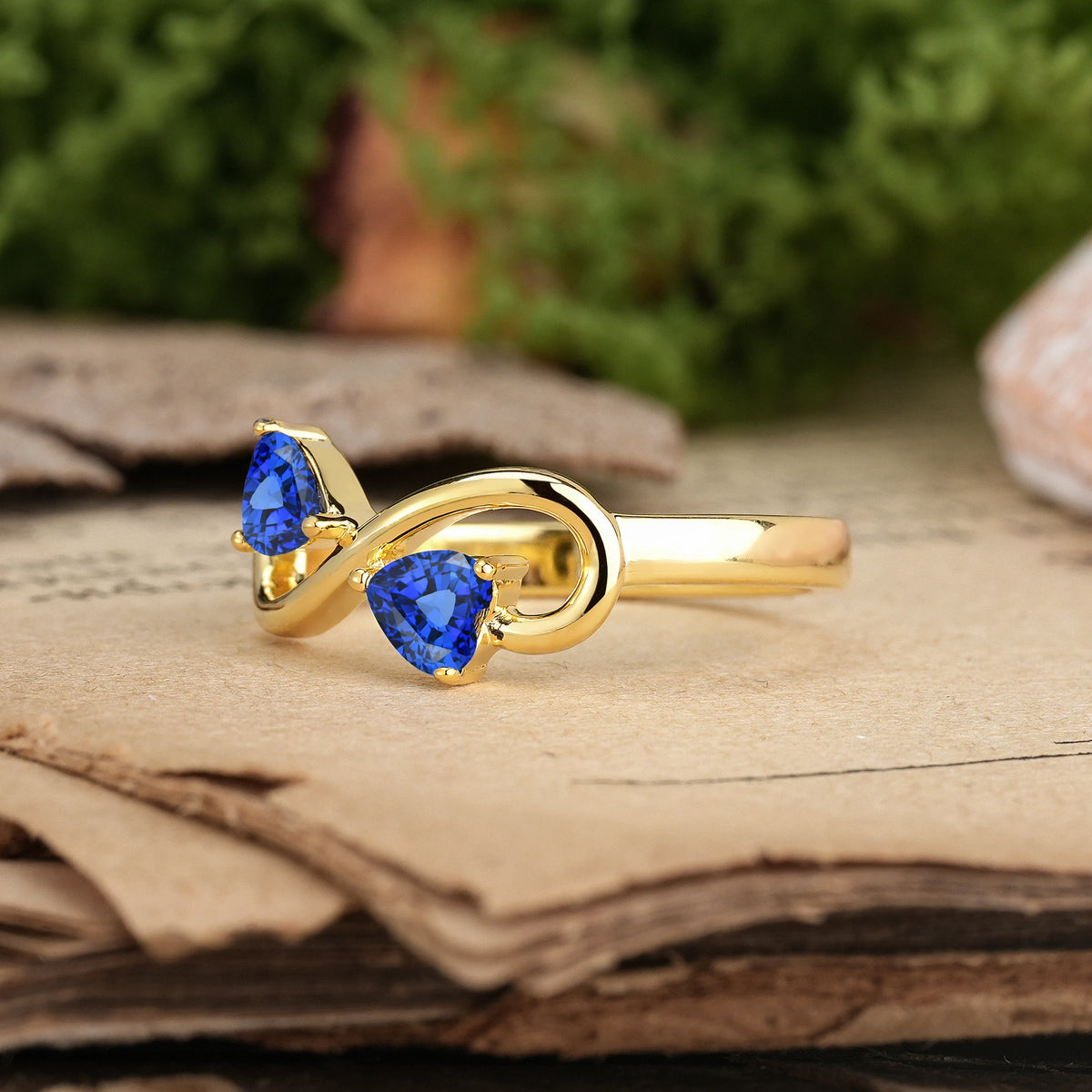 Heart Cut Sapphire Unique Intertwined 3 Prong Double Promise Ring