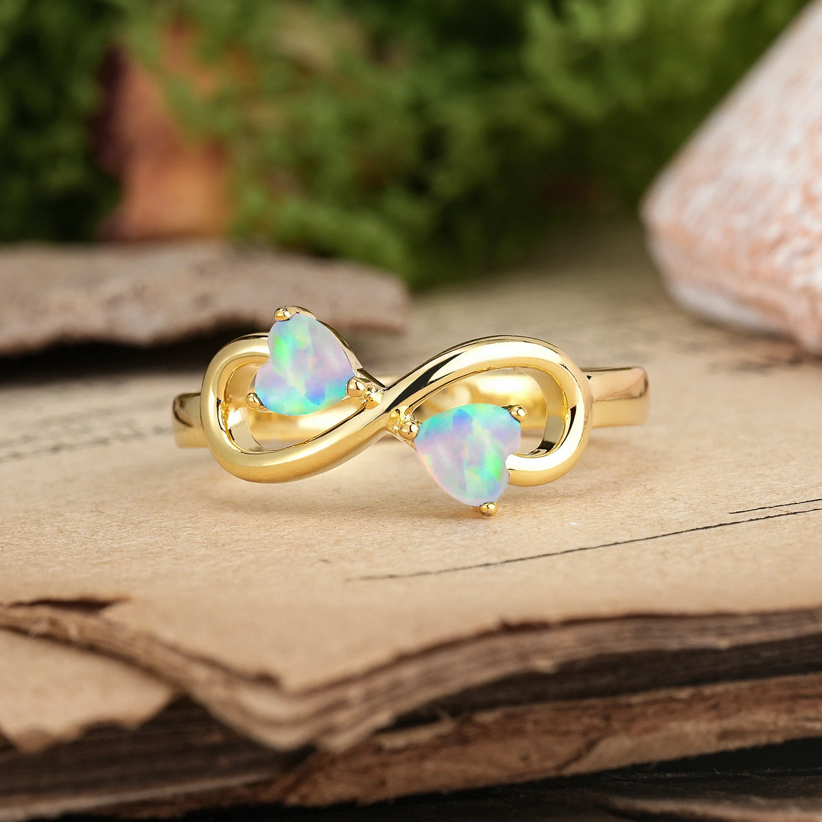 Heart Cut Fire Opal Unique Intertwined 3 Prong Double Promise Ring