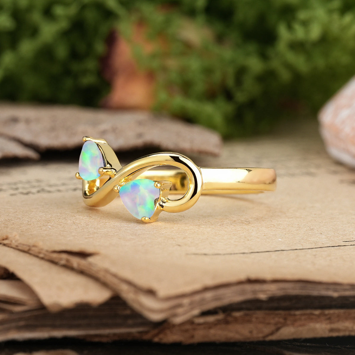Heart Cut Fire Opal Unique Intertwined 3 Prong Double Promise Ring