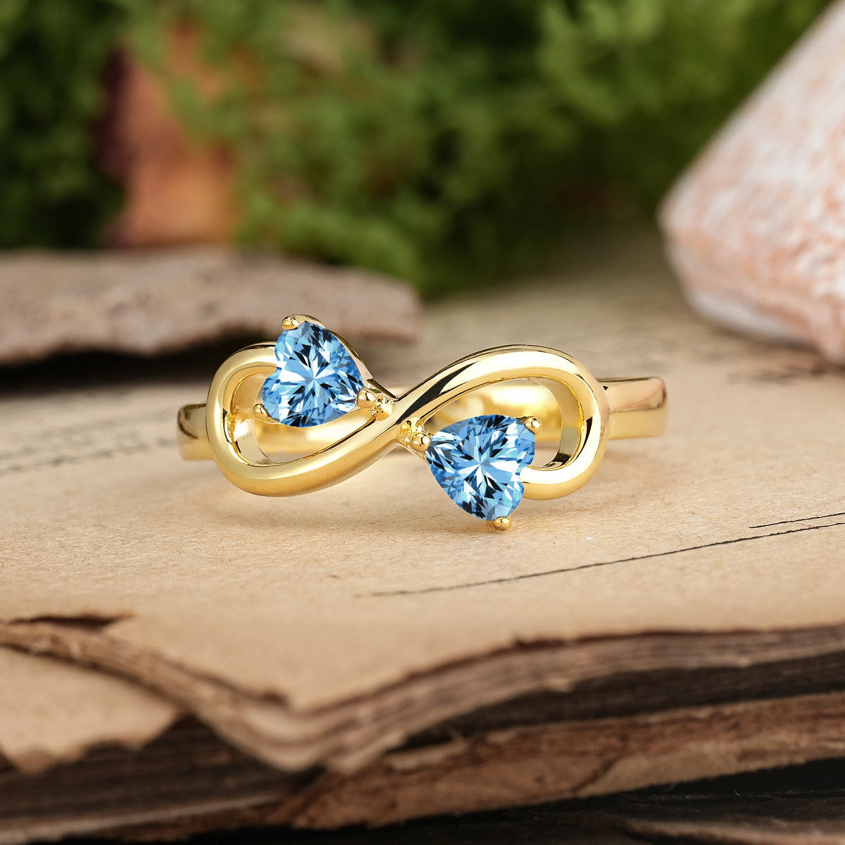 Heart Cut Aquamarine Unique Intertwined 3 Prong Double Promise Ring
