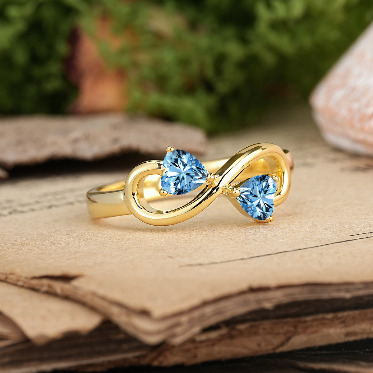Heart Cut Aquamarine Unique Intertwined 3 Prong Double Promise Ring