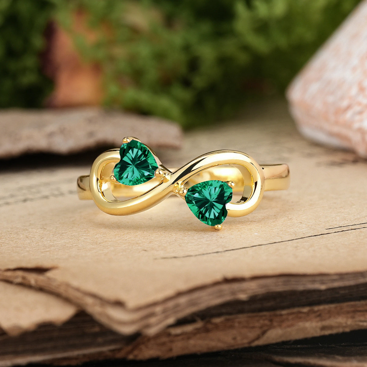 Heart Cut Emerald Unique Intertwined 3 Prong Double Promise Ring