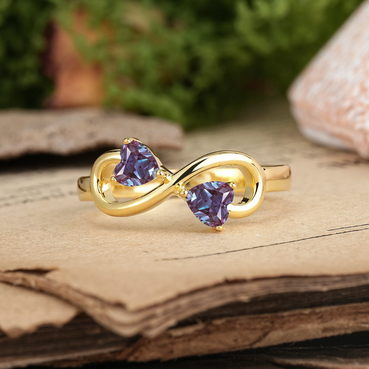 Heart Cut Alexandrite Unique Intertwined 3 Prong Double Promise Ring