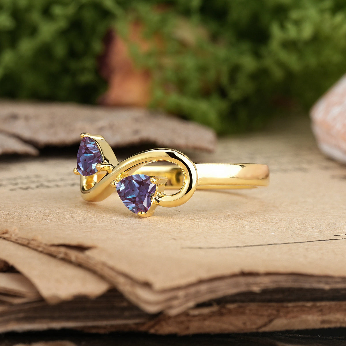 Heart Cut Alexandrite Unique Intertwined 3 Prong Double Promise Ring