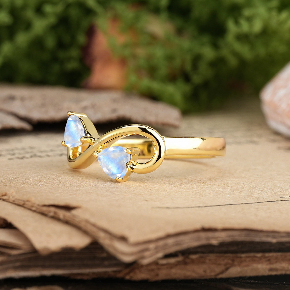 Heart Cut Moonstone Unique Intertwined 3 Prong Double Promise Ring