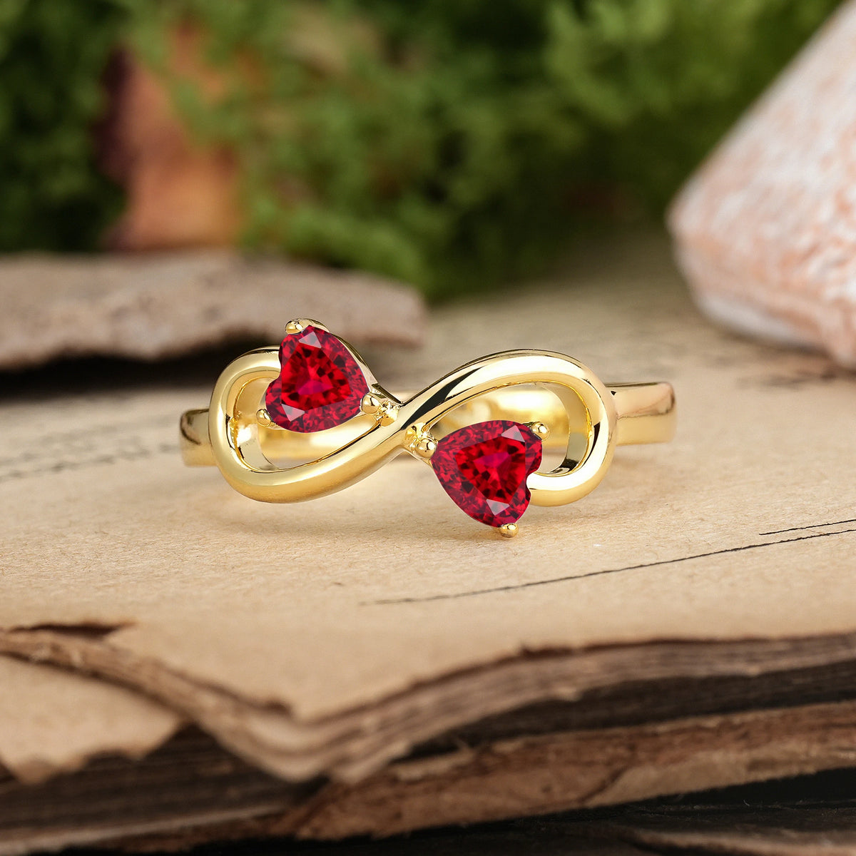 Heart Cut Ruby Unique Intertwined 3 Prong Double Promise Ring