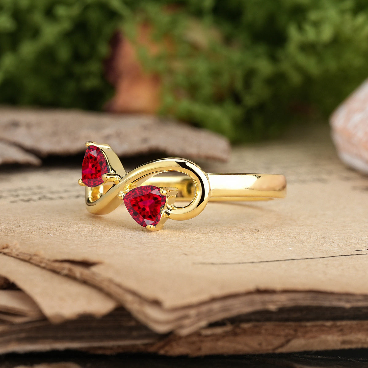Heart Cut Ruby Unique Intertwined 3 Prong Double Promise Ring