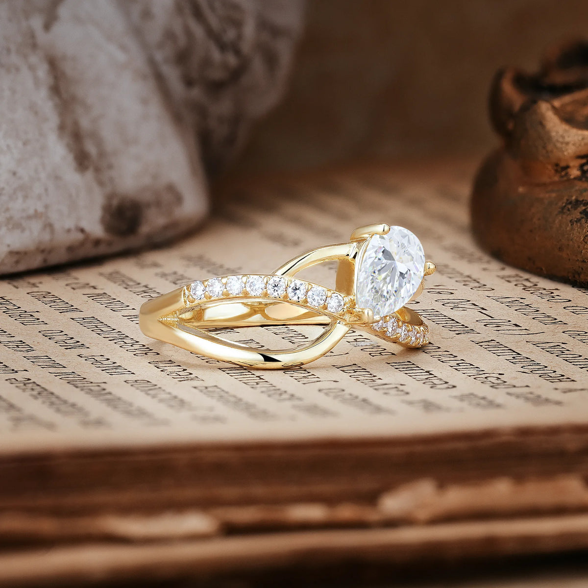 Classic Twisted 3-Prong Pear Cut Moissanite Engagement Ring
