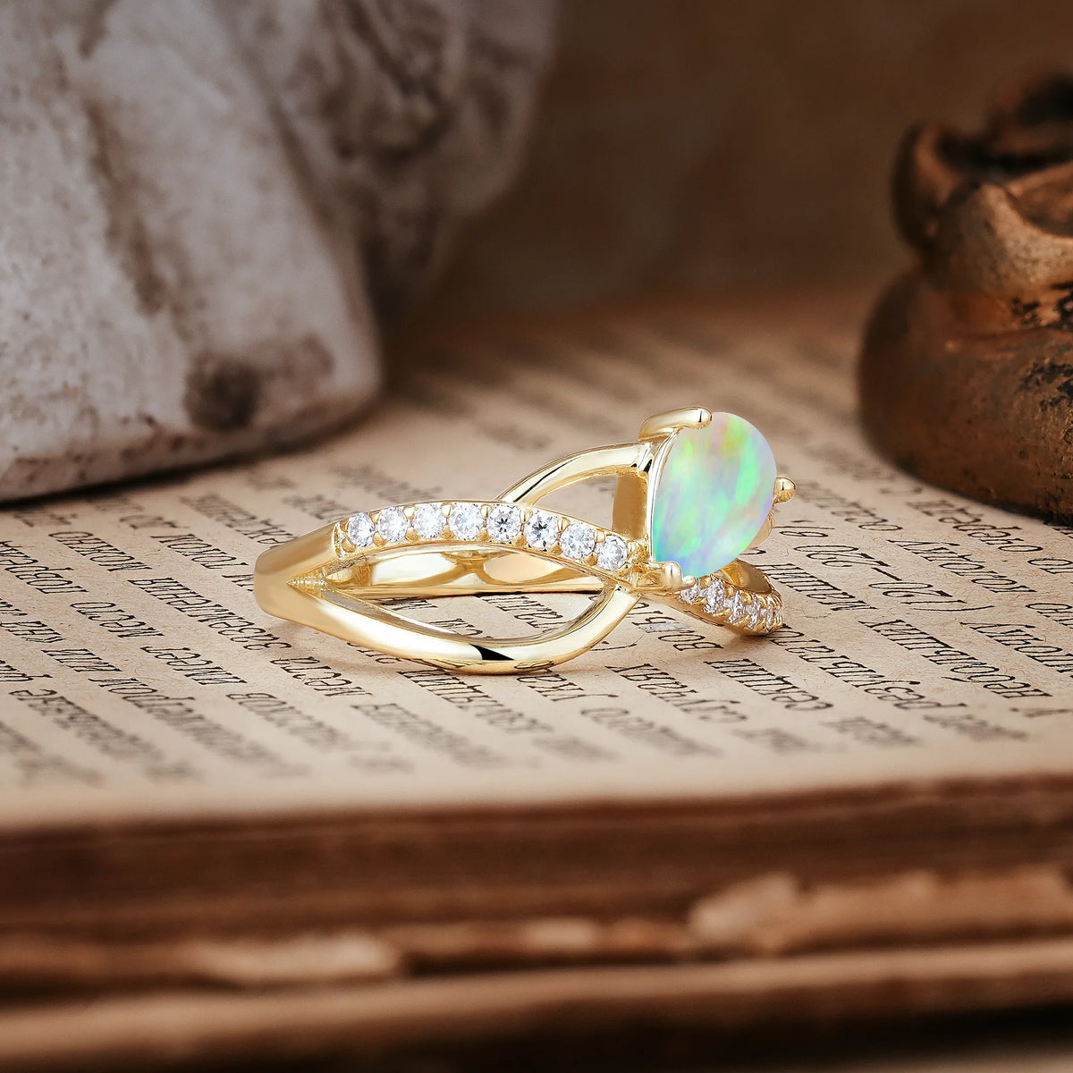Classic Twisted 3-Prong Pear Cut Fire Opal Engagement Ring