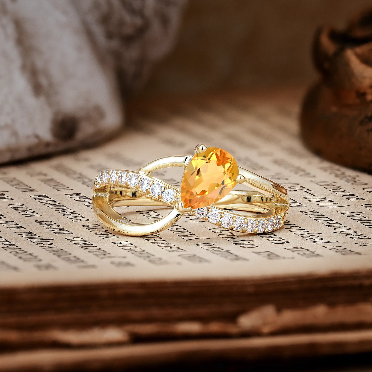 Classic Twisted 3-Prong Pear Cut Citrine Engagement Ring