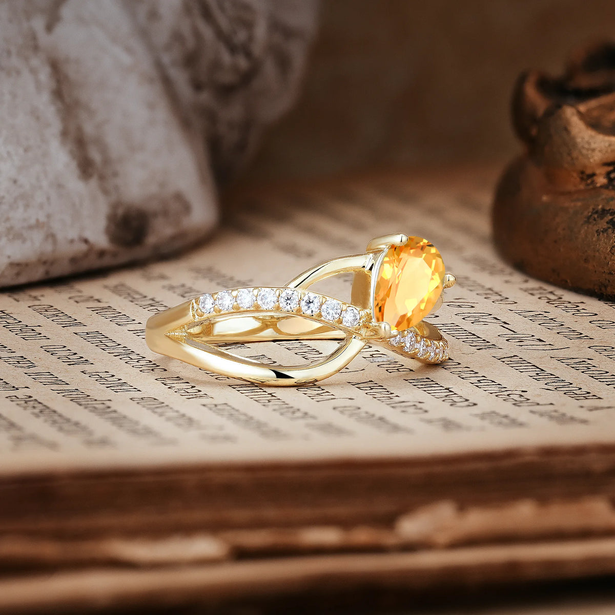 Classic Twisted 3-Prong Pear Cut Citrine Engagement Ring