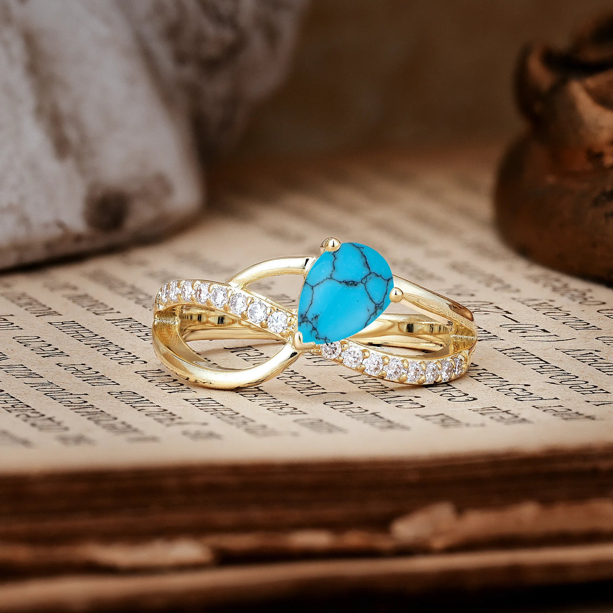 Classic Twisted 3-Prong Pear Cut Turquoise Engagement Ring