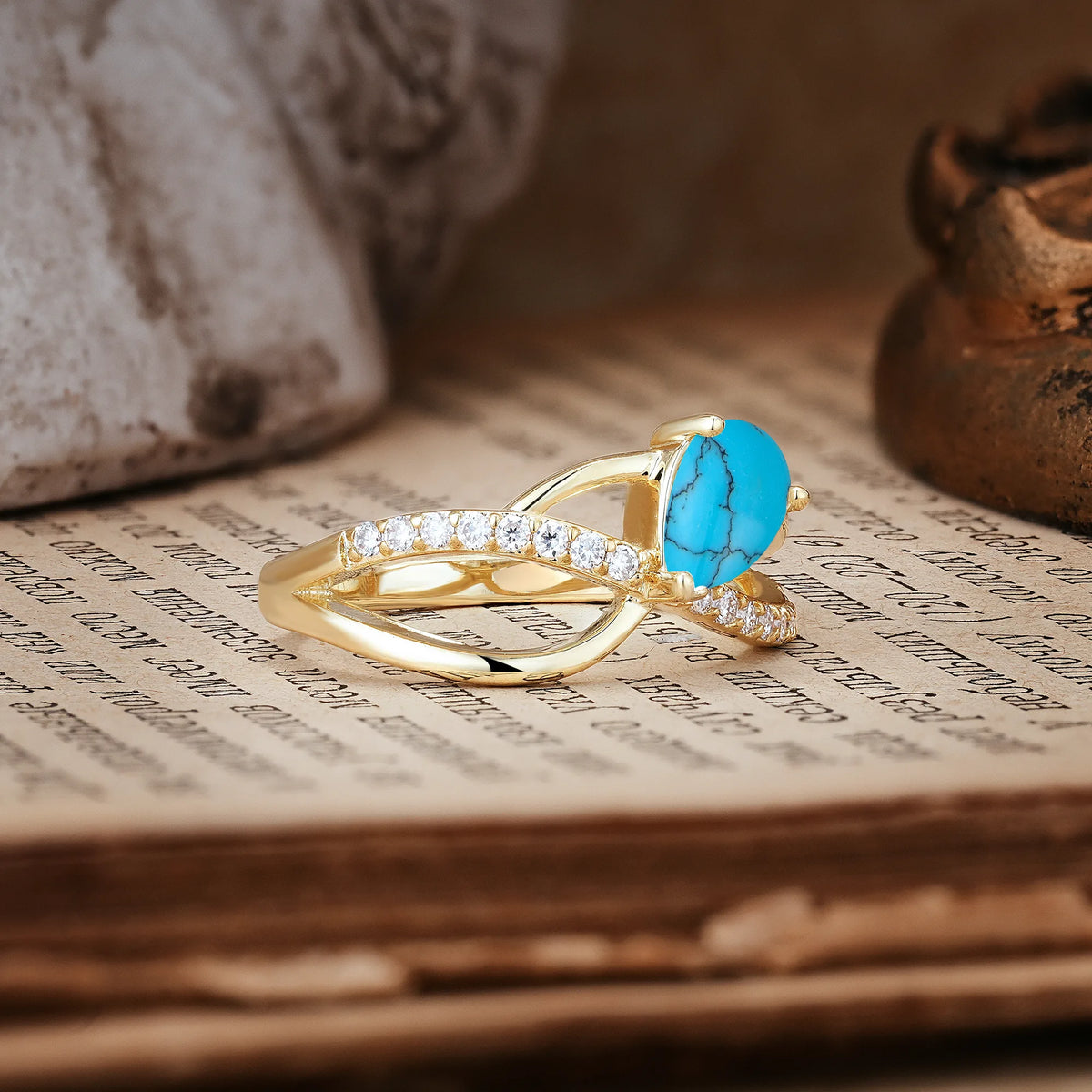 Classic Twisted 3-Prong Pear Cut Turquoise Engagement Ring