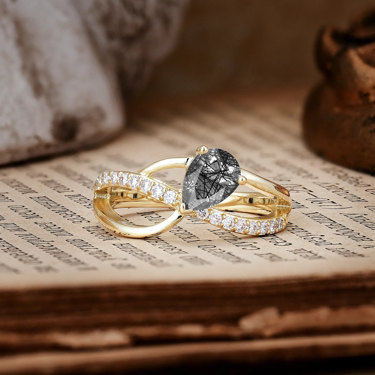 Classic Twisted 3-Prong Pear Cut Black Rutilated Quartz Engagement Ring