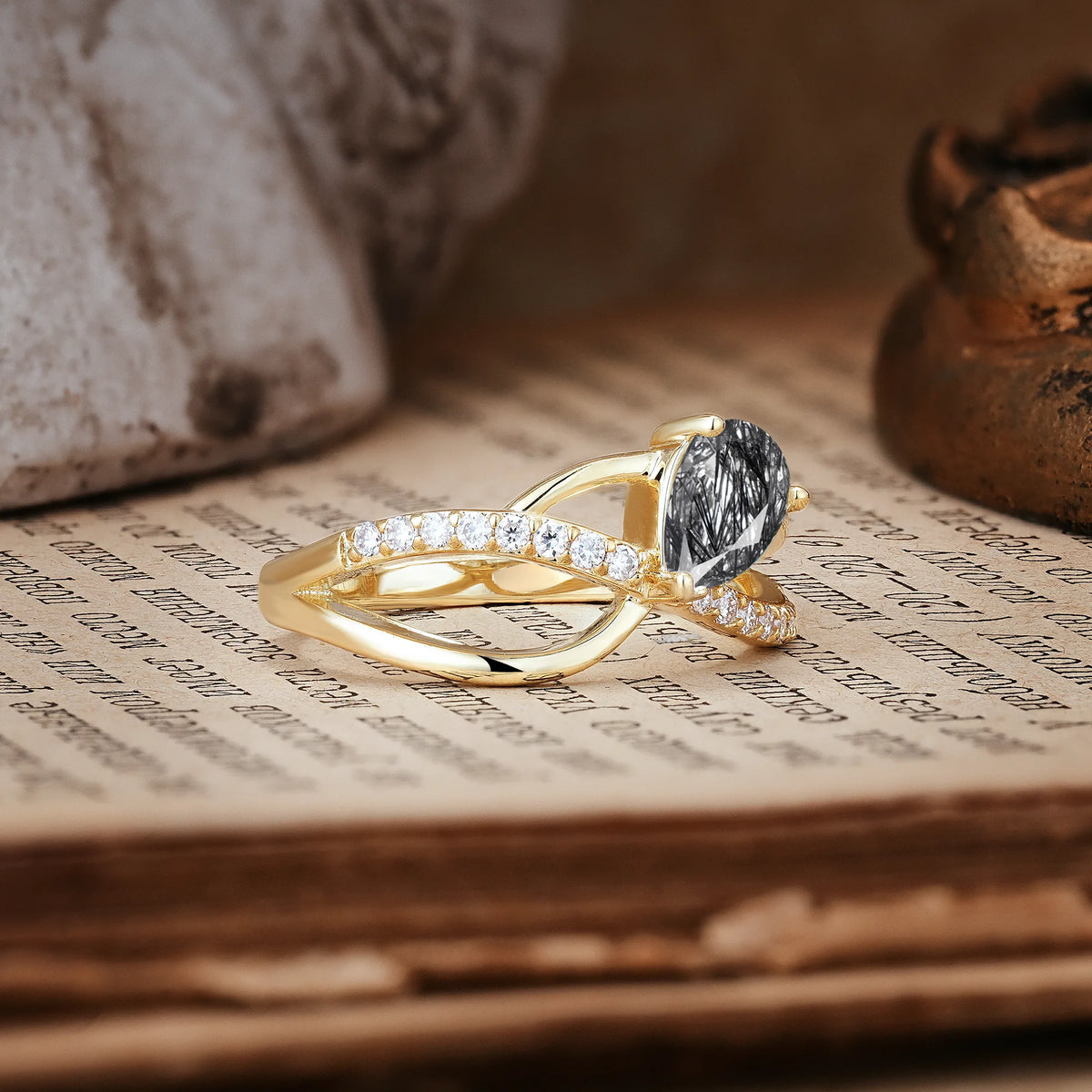 Classic Twisted 3-Prong Pear Cut Black Rutilated Quartz Engagement Ring