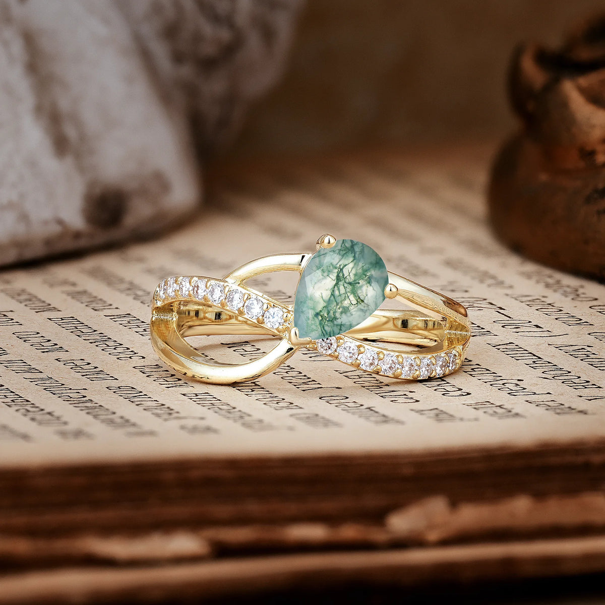 Classic Twisted 3-Prong Pear Cut Moss Agate Engagement Ring