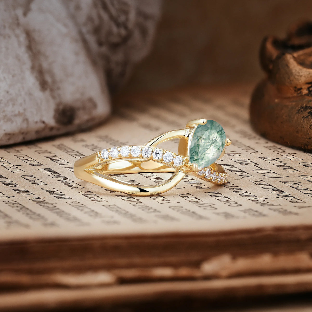 Classic Twisted 3-Prong Pear Cut Moss Agate Engagement Ring