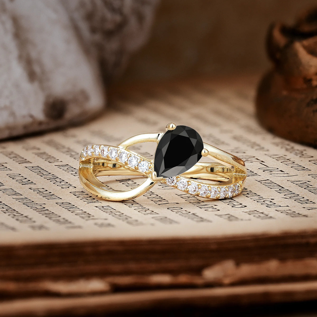 Classic Twisted 3-Prong Pear Cut Black Onyx Engagement Ring