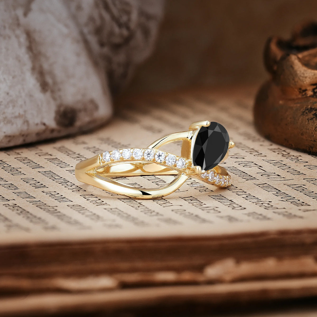 Classic Twisted 3-Prong Pear Cut Black Onyx Engagement Ring