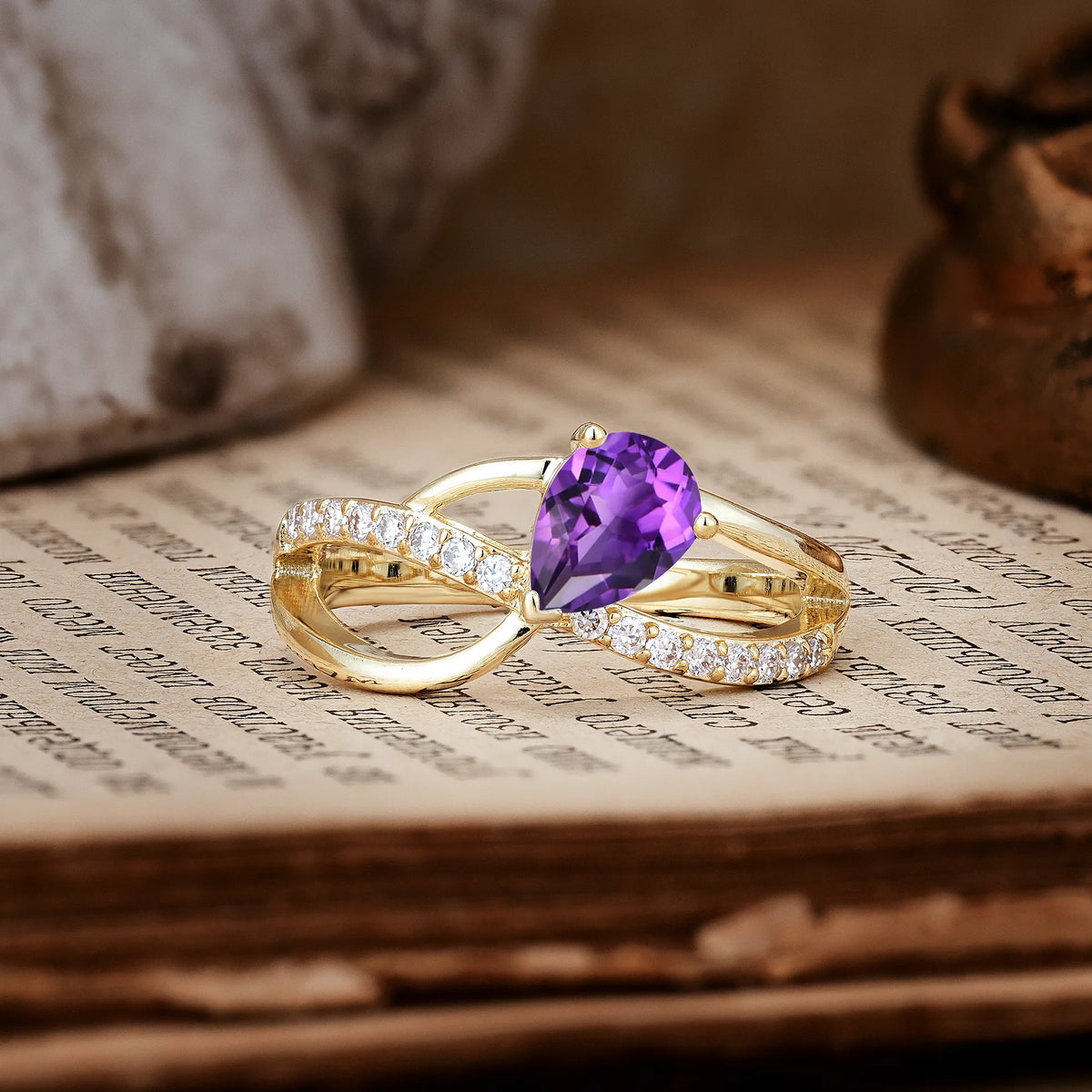 Classic Twisted 3-Prong Pear Cut Amethyst Engagement Ring