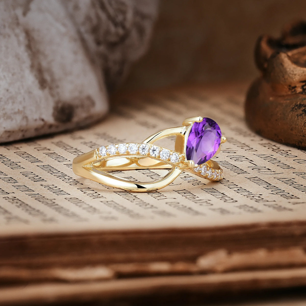 Classic Twisted 3-Prong Pear Cut Amethyst Engagement Ring