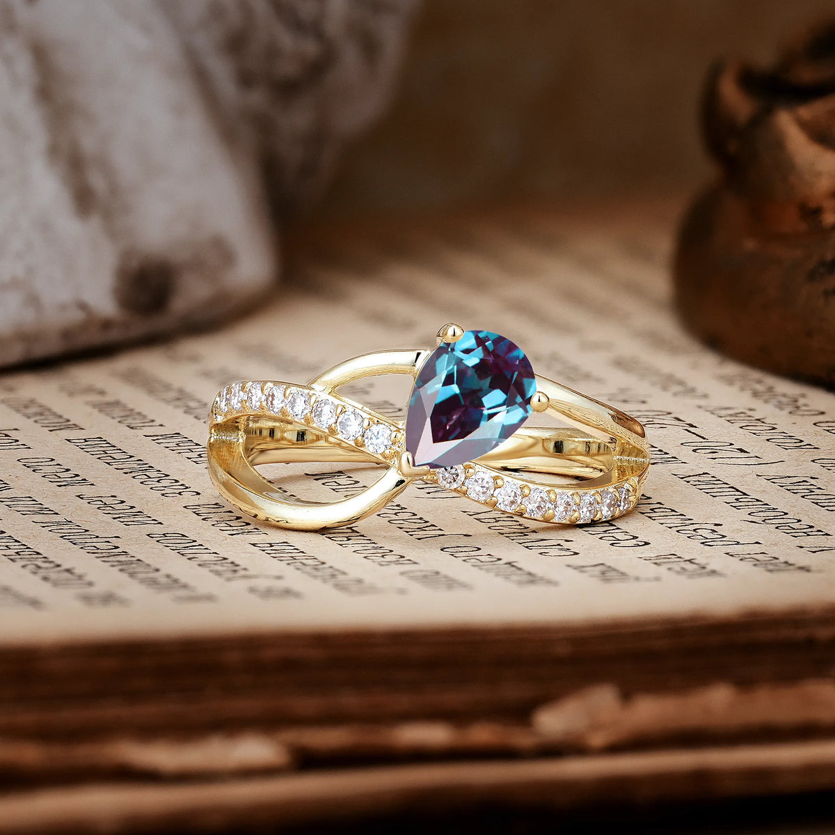 Classic Twisted 3-Prong Pear Cut Alexandrite Engagement Ring