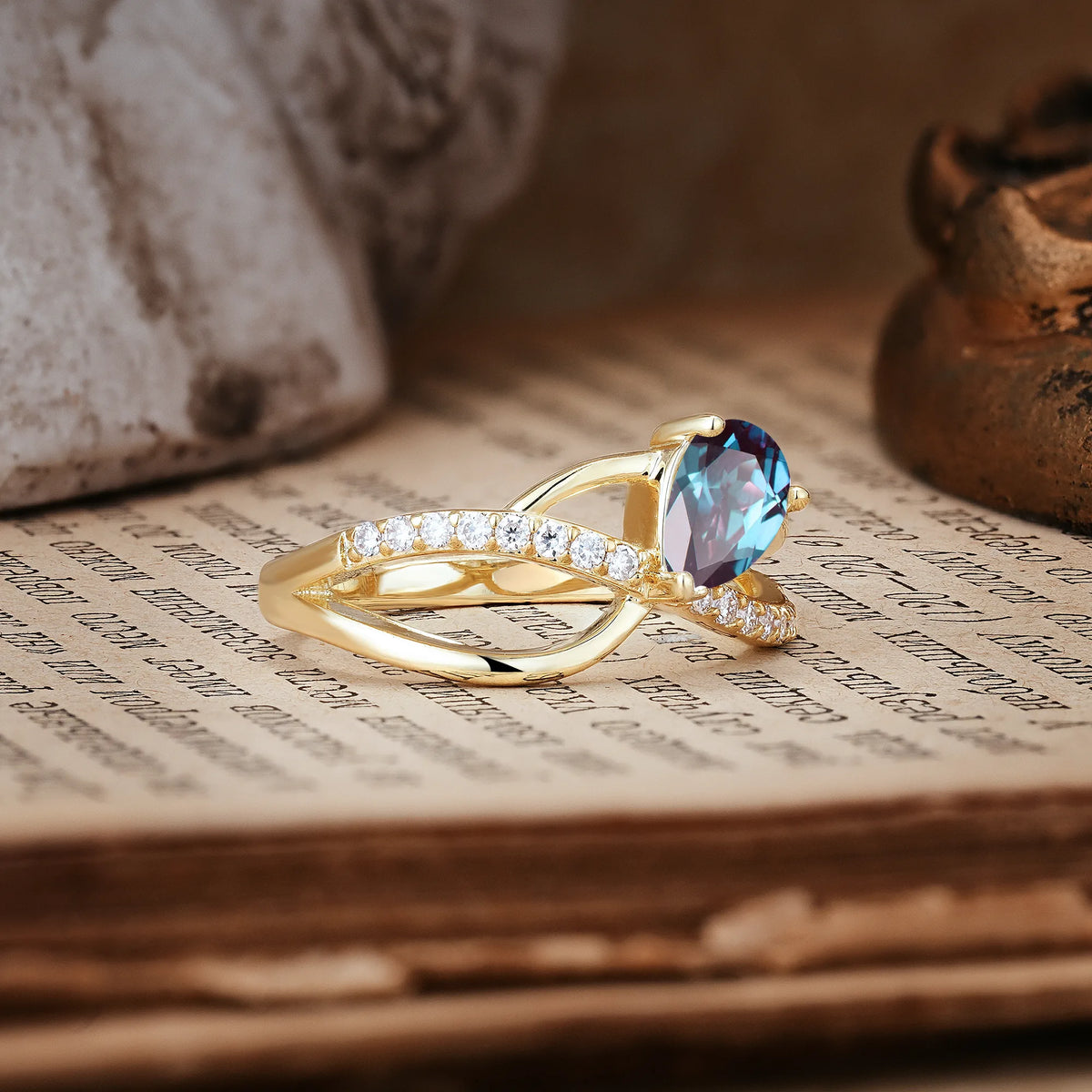 Classic Twisted 3-Prong Pear Cut Alexandrite Engagement Ring