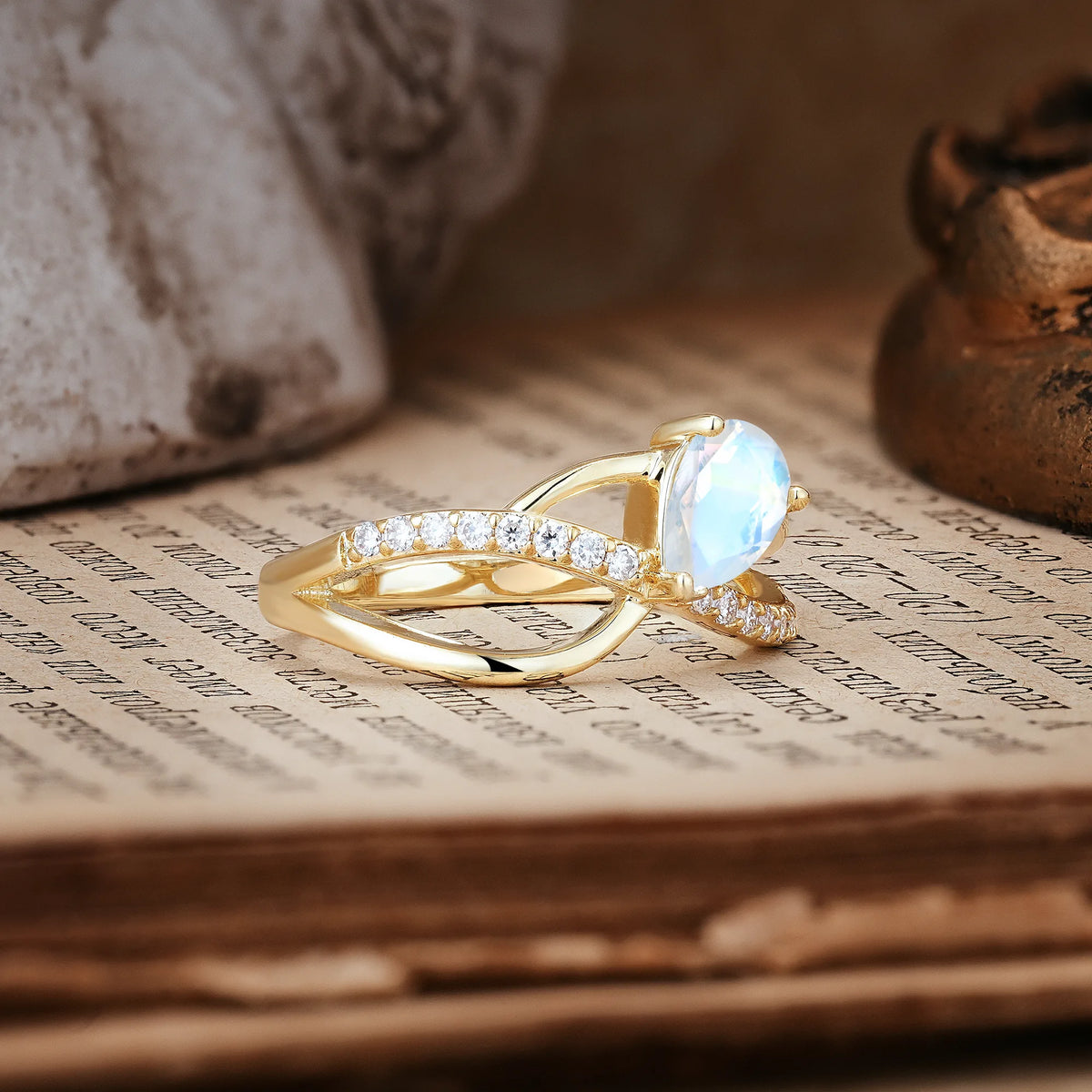 Classic Twisted 3-Prong Pear Cut Moonstone Engagement Ring