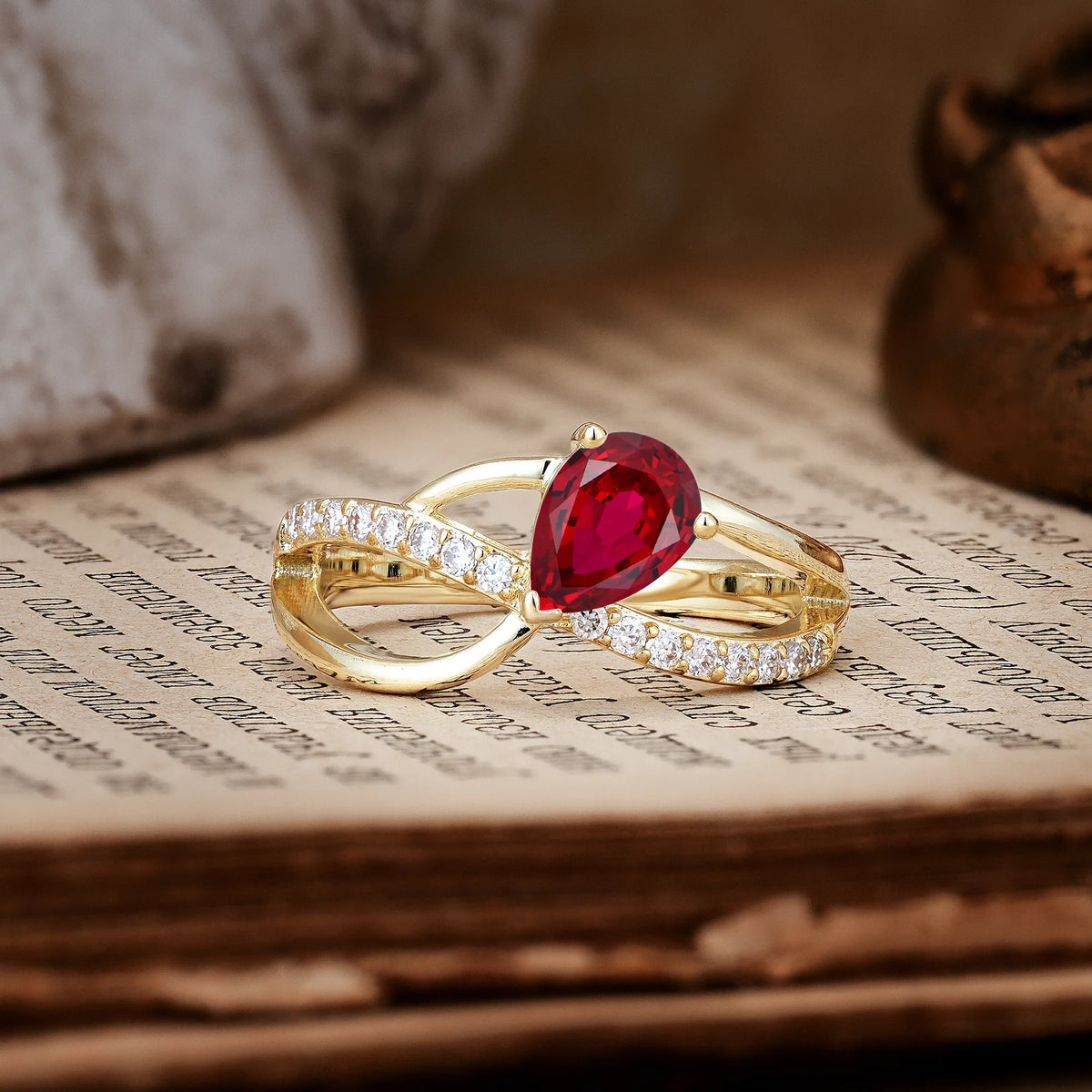 Classic Twisted 3-Prong Pear Cut Ruby Engagement Ring