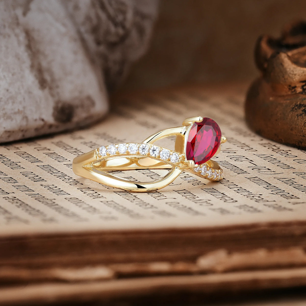 Classic Twisted 3-Prong Pear Cut Ruby Engagement Ring