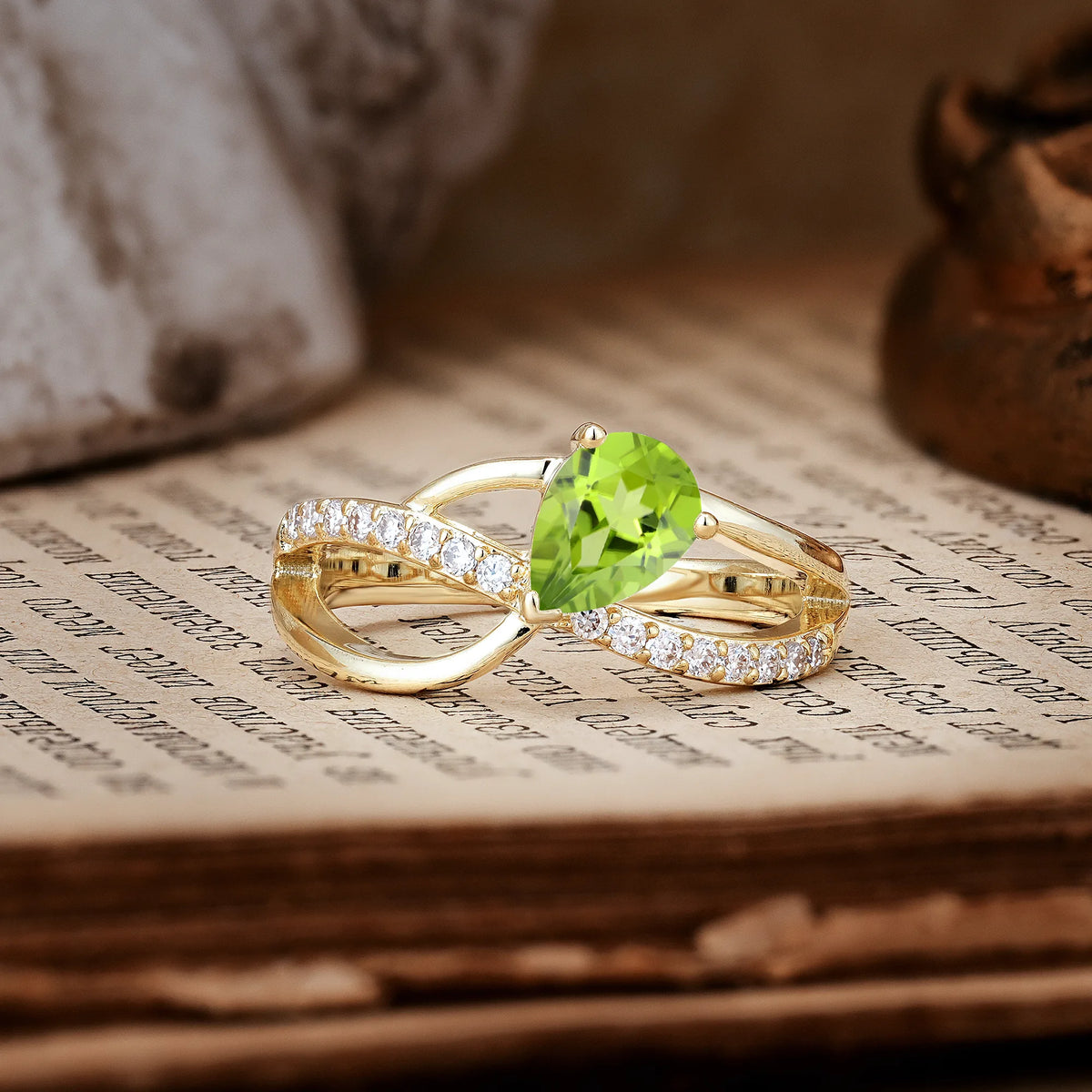 Classic Twisted 3-Prong Pear Cut Peridot Engagement Ring