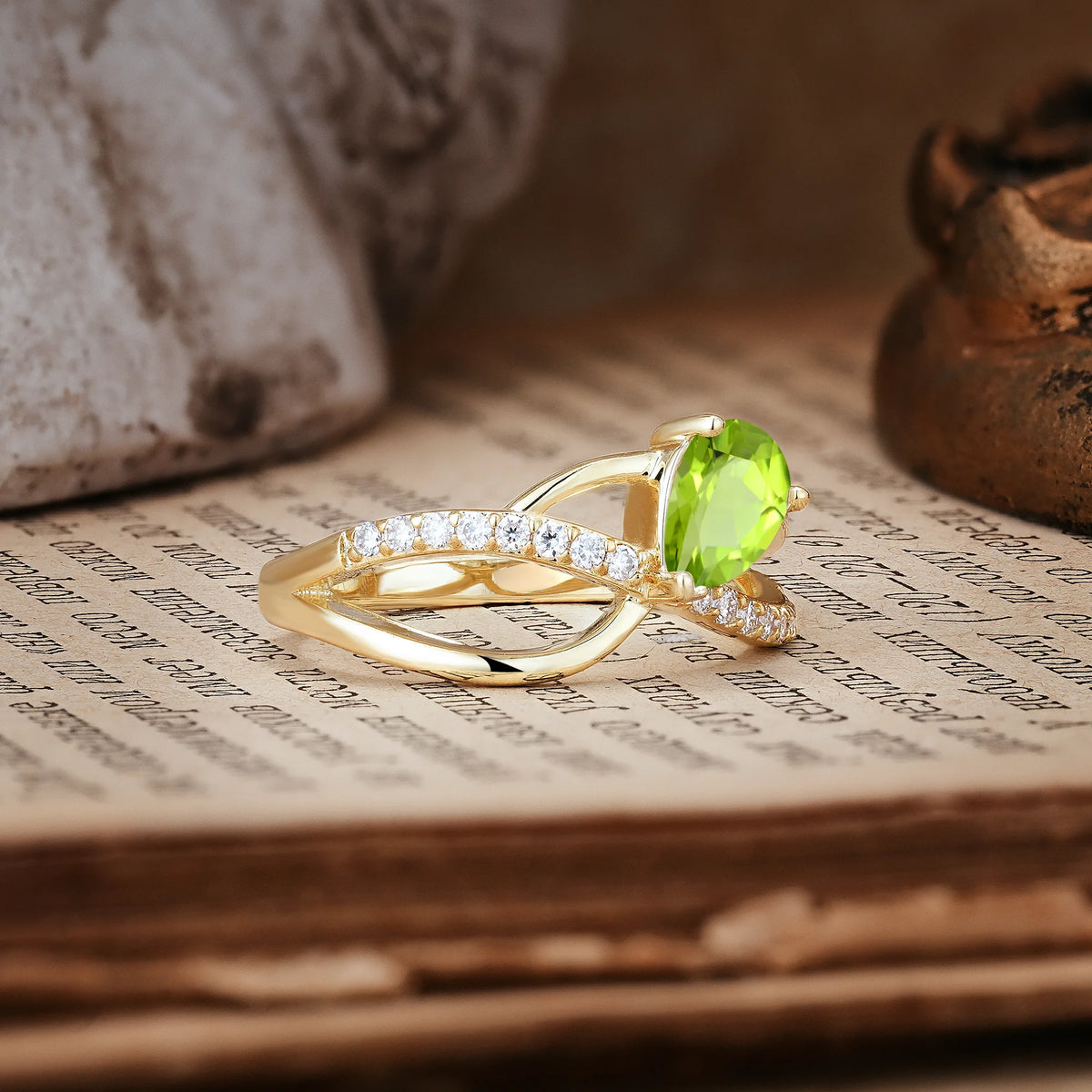 Classic Twisted 3-Prong Pear Cut Peridot Engagement Ring