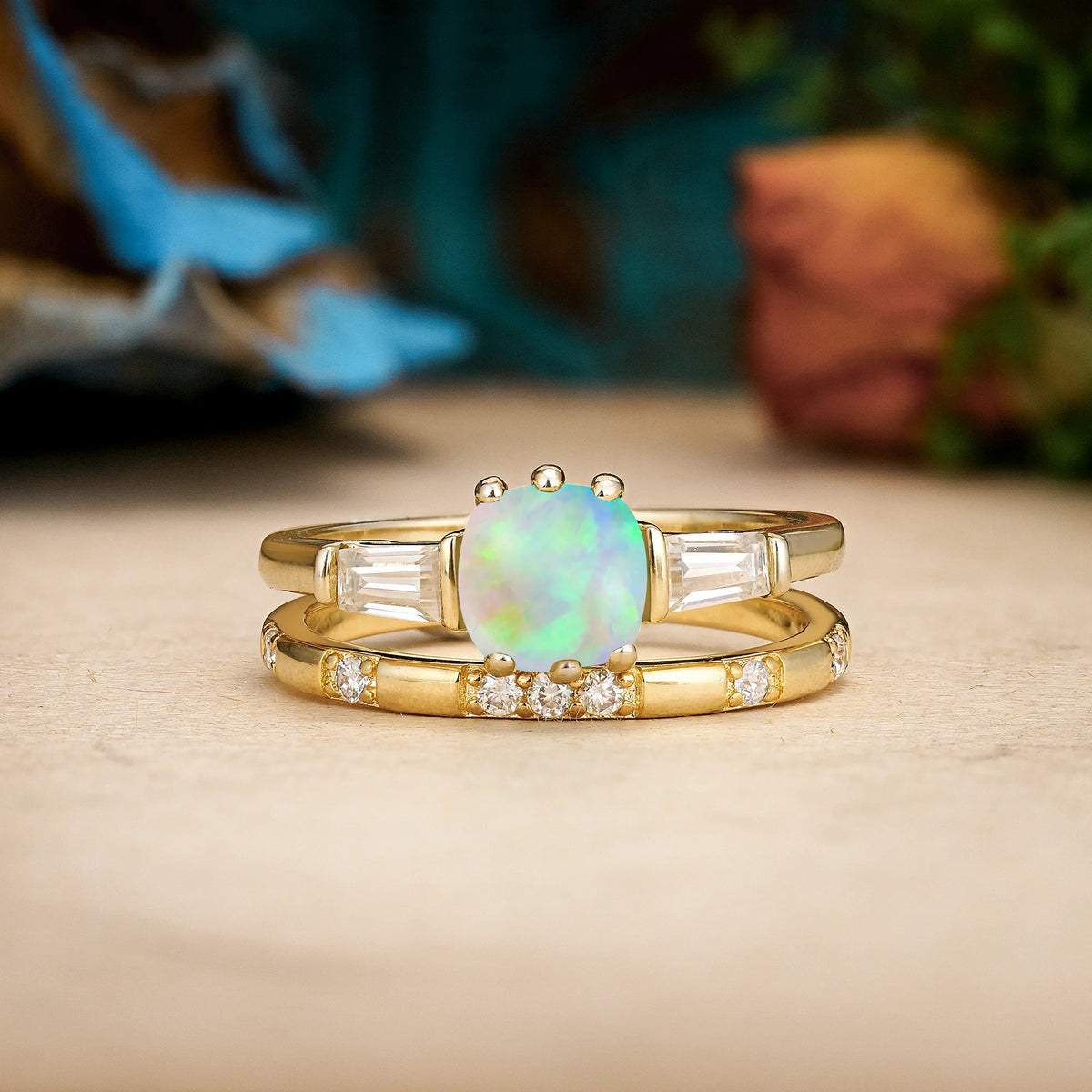 Princess-Cut Fire Opal Luxurious & Minimalist 6-Prong Bridal Ring Set