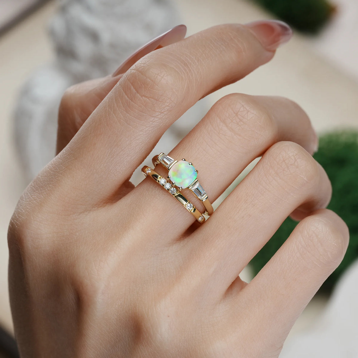 Princess-Cut Fire Opal Luxurious & Minimalist 6-Prong Bridal Ring Set