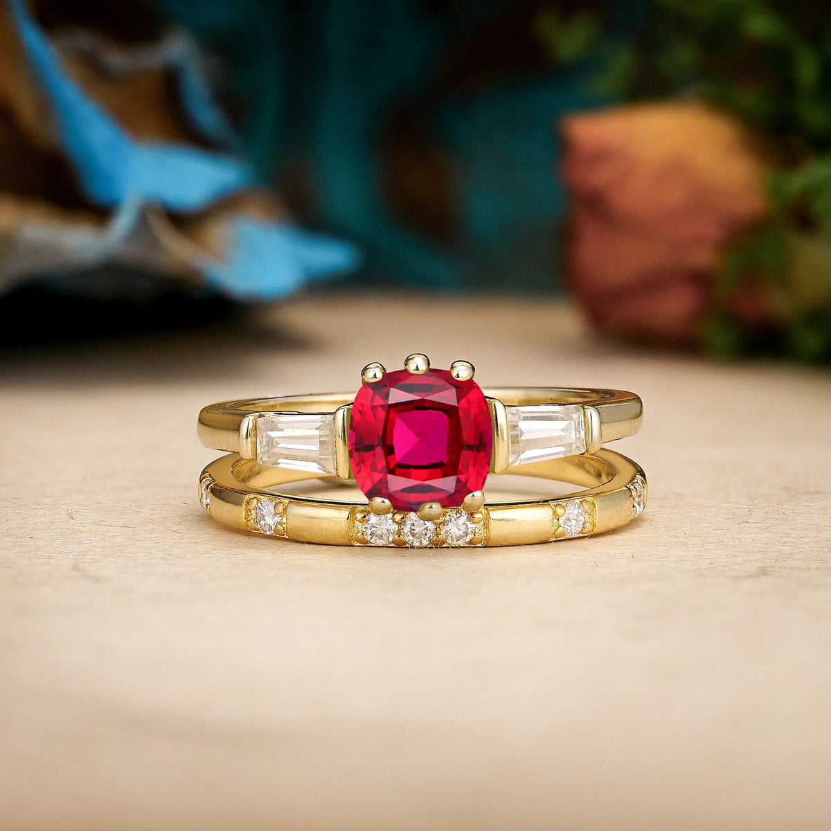 Princess-Cut Ruby Luxurious & Minimalist 6-Prong Bridal Ring Set