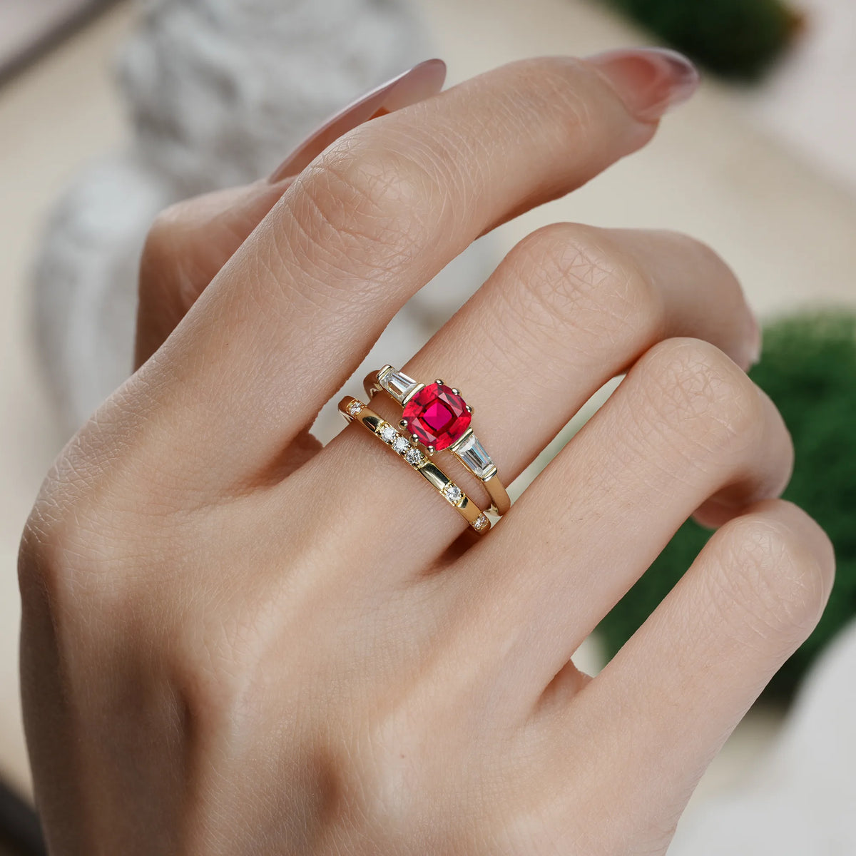 Princess-Cut Ruby Luxurious & Minimalist 6-Prong Bridal Ring Set
