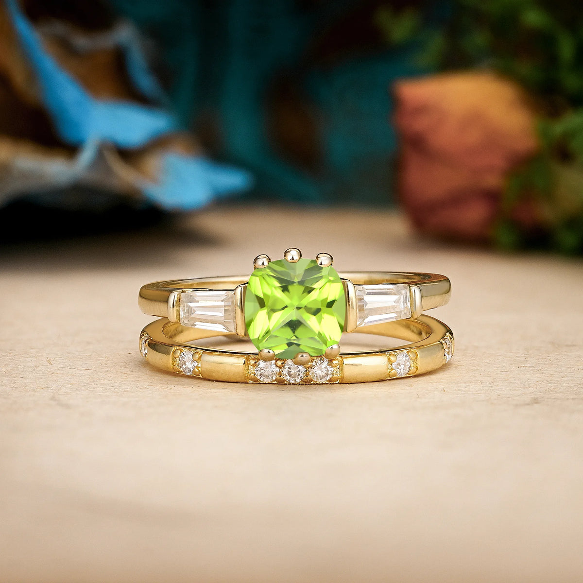 Princess-Cut Peridot Luxurious & Minimalist 6-Prong Bridal Ring Set