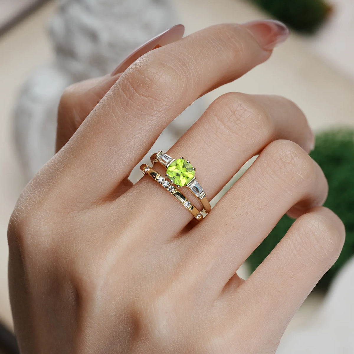 Princess-Cut Peridot Luxurious & Minimalist 6-Prong Bridal Ring Set