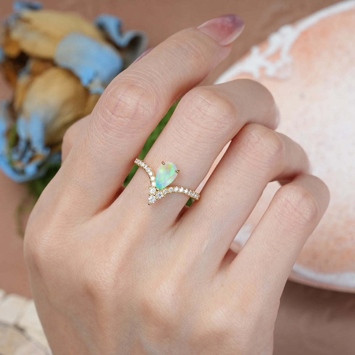 Pear Cut Fire Opal Luxurious Crown 3-Prong Engagement Ring