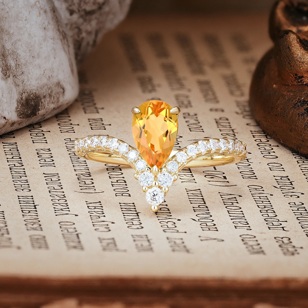 Luxurious Crown 3-Prong Pear Cut Citrine Engagement Ring