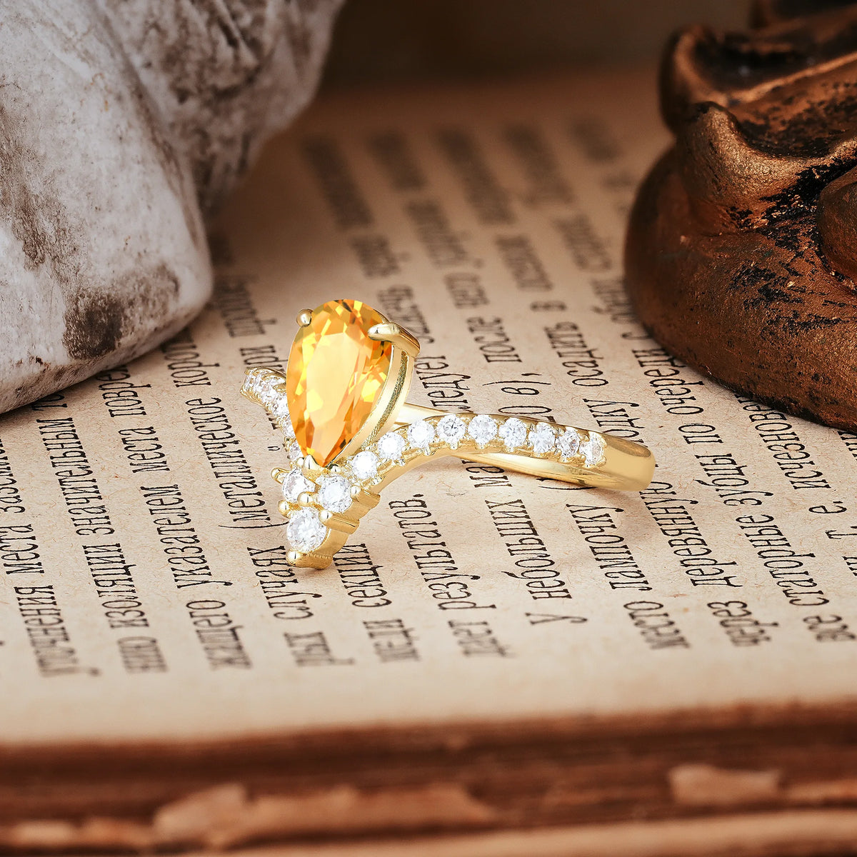 Luxurious Crown 3-Prong Pear Cut Citrine Engagement Ring
