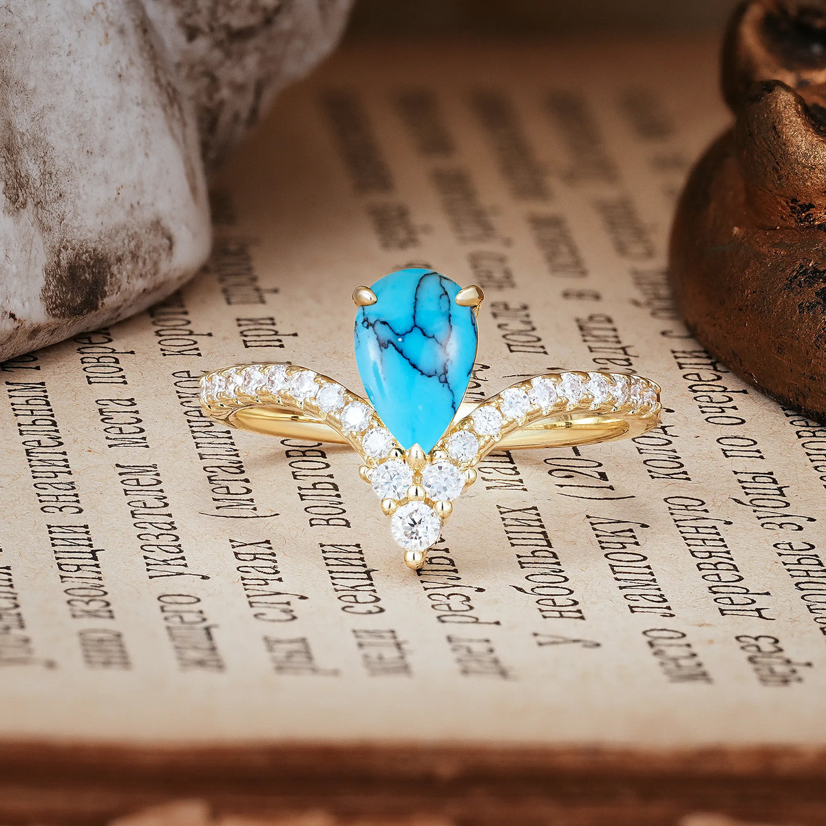 Luxurious Crown 3-Prong Pear Cut Turquoise Engagement Ring