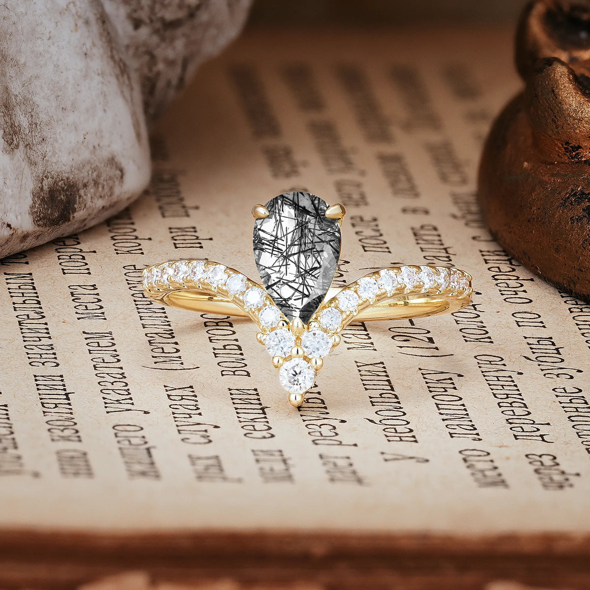 Luxurious Crown 3-Prong Pear Cut Black Rutilated Quartz Engagement Ring